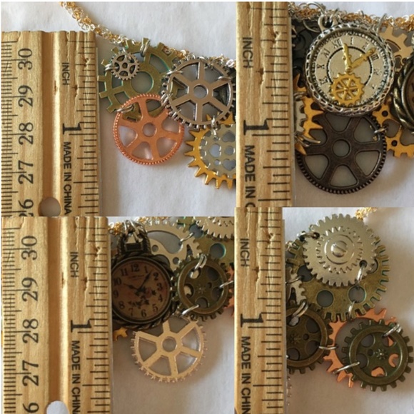 SOLD—Steampunk Handmade Steamer Mixed Metal Bib Necklace with Gears, Clocks - Picture 14 of 16